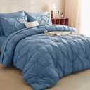 CozyLux Full Size Comforter Sets Grayish Blue, 7 Pieces Pintuck Bed in A Bag Blue Comforter Full Size, Pinch Pleat Bedding Sets with All Season Comforter, Sheets, Pillowcases & Shams