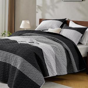 Andency Queen Quilt Set Black and White, 3 Pieces Grey Striped Ultra Soft Summer Lightweight Bedspreads& Coverlets Set, Patchwork Quilted Bedding Sets for All Seasons (90"x96")
