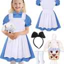 Girls Halloween Costume Kids Blue Dress White Apron with Plush Rabbit Bow Hair Band Socks (7-9year)