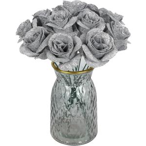 30PCS Silver Roses Artificial Flowers Fake Glitter Roses Silk Flower for DIY Crafts Wedding Bouquet Party Home Decor(Silver)