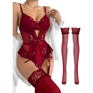 Lilosy Sexy Stocking Lace Mesh Bodysuit Top Underwire Garter Lingerie Set One 3 Piece Bows Push Up Floral Sheer Babydoll Women Teddy See Through Burgundy Red Small