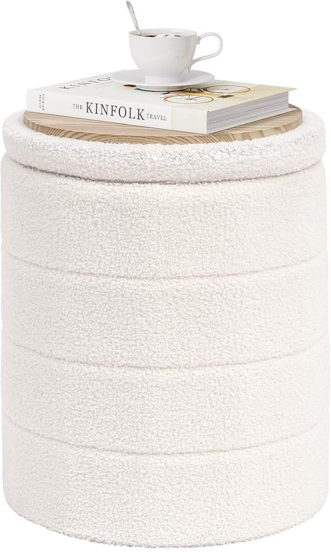PINPLUS Round Storage Ottoman Foot Rest Stool with Tray upholstered in cream white boucle/sherpa fabric, Size: 37.1D x 37.1W x 45H cm