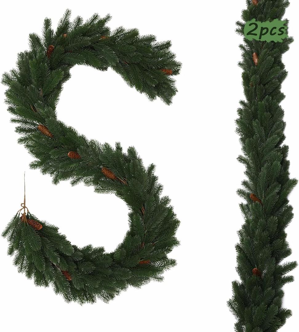 Artificial Christmas Garland, Real Touch Norfolk Snow Pine Garland, Winter Greenery Garland for Table, Mantle, Staircase, Wall, Front Door, Porch, Indoor, Outdoor Christmas Decorations, 2 Pcs