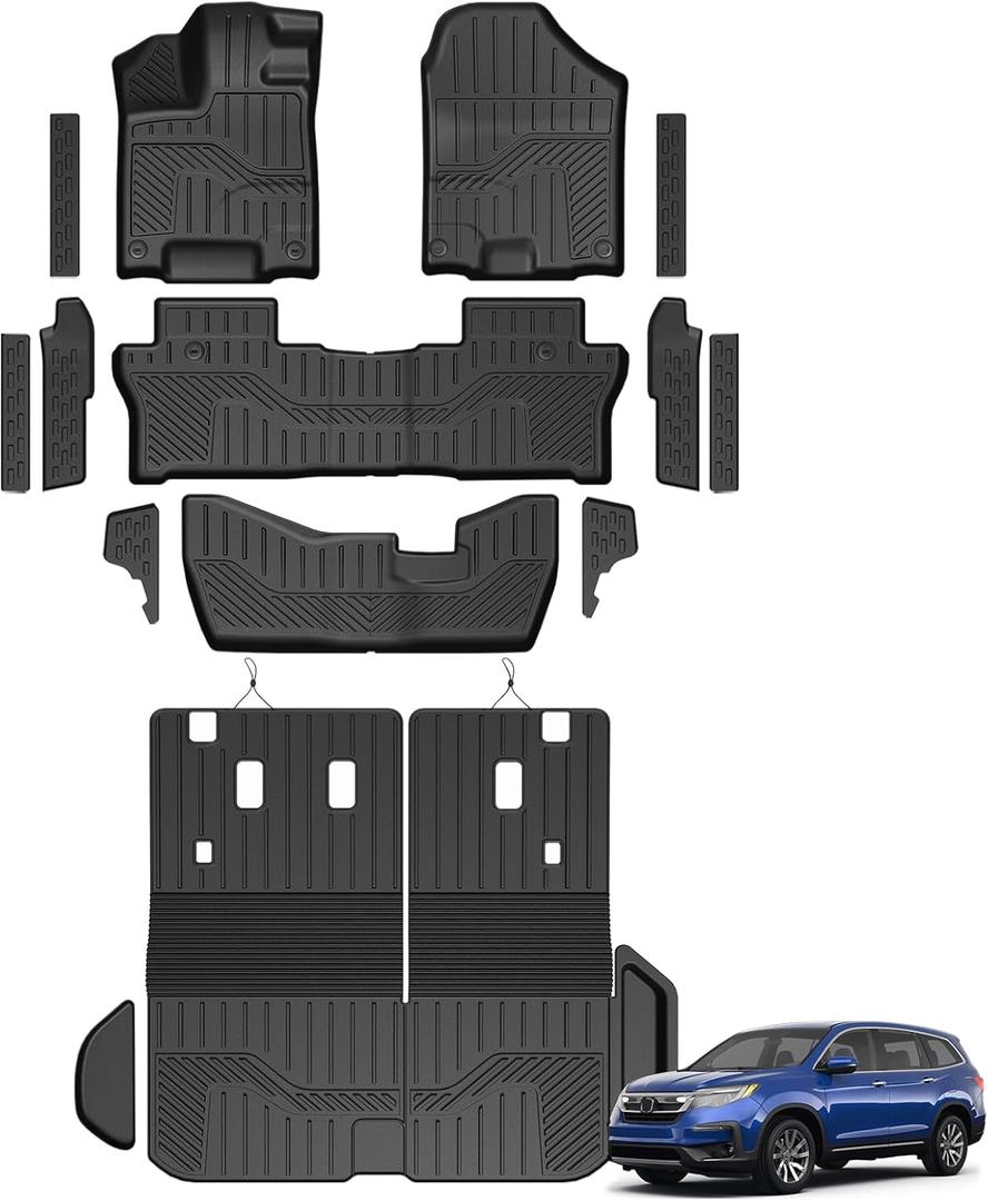 Floor Mats for Honda Pilot 2022-2016, All Weather Floor Mats Trunk Cargo Liner with Backrest Protectors and Door Sill Guards Accessories, Full Coverage Set for 8 Seats (Not Fit Elite Model)