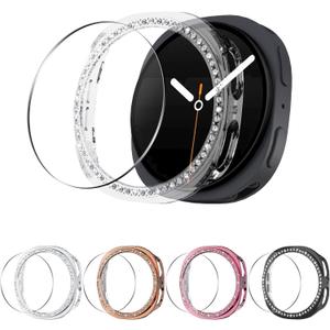 Seltureone 5+5 Pack Bling Case for Samsung Galaxy Watch 8 40mm Screen Protector, Hard PC Bumper Cover with Tempered Glass, All-around Shiny Rhinestone Case for Samsung Watch 8 40mm Only (Clear+Silver+Rose Gold+Pink+Black)