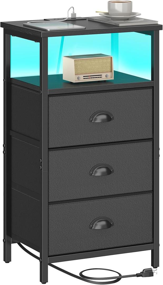 Sthmec Nightstand with Charging Station,LED Black Nightstand with 3 Fabric Drawers PU Finish, Bedside End Tables, 2-Tier Open Storage Shelf Side Table Nightstand with Drawers for Bedroom,Black, 15.4''W * 11.6''D* 28.6''H