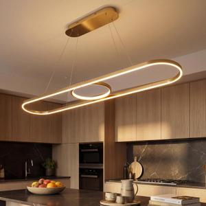 Modern LED Pendant Lights, Dimmable Linear Ring LED Chandelier Lighting, Chrome & Gold Dining Room Hanging Light Fixtures Kitchen Island Pendant Light for Dining Table (Golden 59'' (150CM))