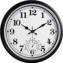 16 Inch Large Outdoor Clock Retro Waterproof Clock Non-Ticking Indoor/Outdoor Wall Clock with Thermometer, Battery Operated for Pool, Patio, Garden, Black