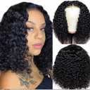 Short Black Wavy Wig for Women 14 Inch Shoulder Length Middle Part Curly Wavy Bob Wig Natural Looking Synthetic Heat Resistant Fiber Wig for Daily Party Use