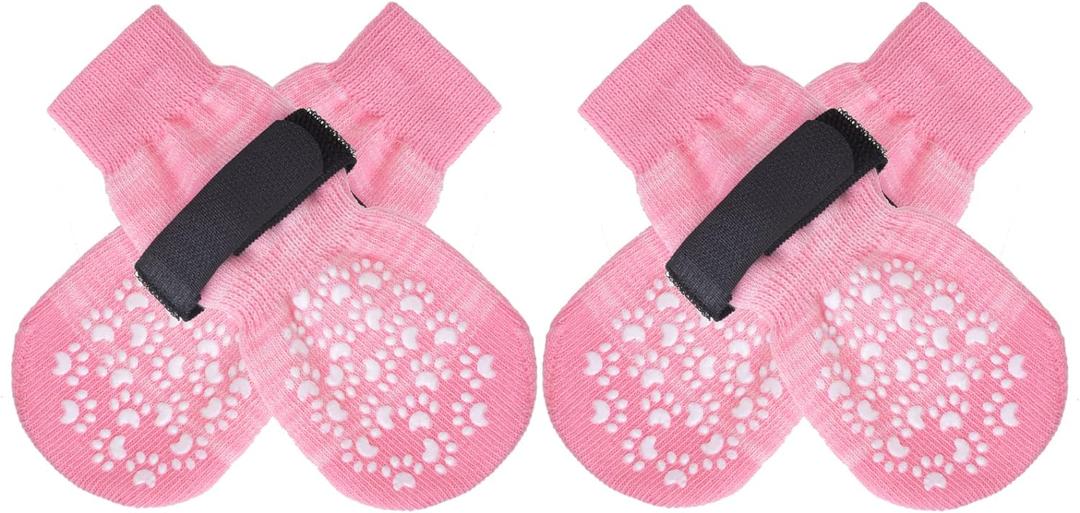 EXPAWLORER Anti Slip Dog Socks to Prevent Licking Paws, Dog Shoes for Hot Pavement, Dog Booties for Small Medium Large Senior Dogs, Traction Control Boots & Paw Protectors for Hardwood Floors (Large (4 Count), Pink)