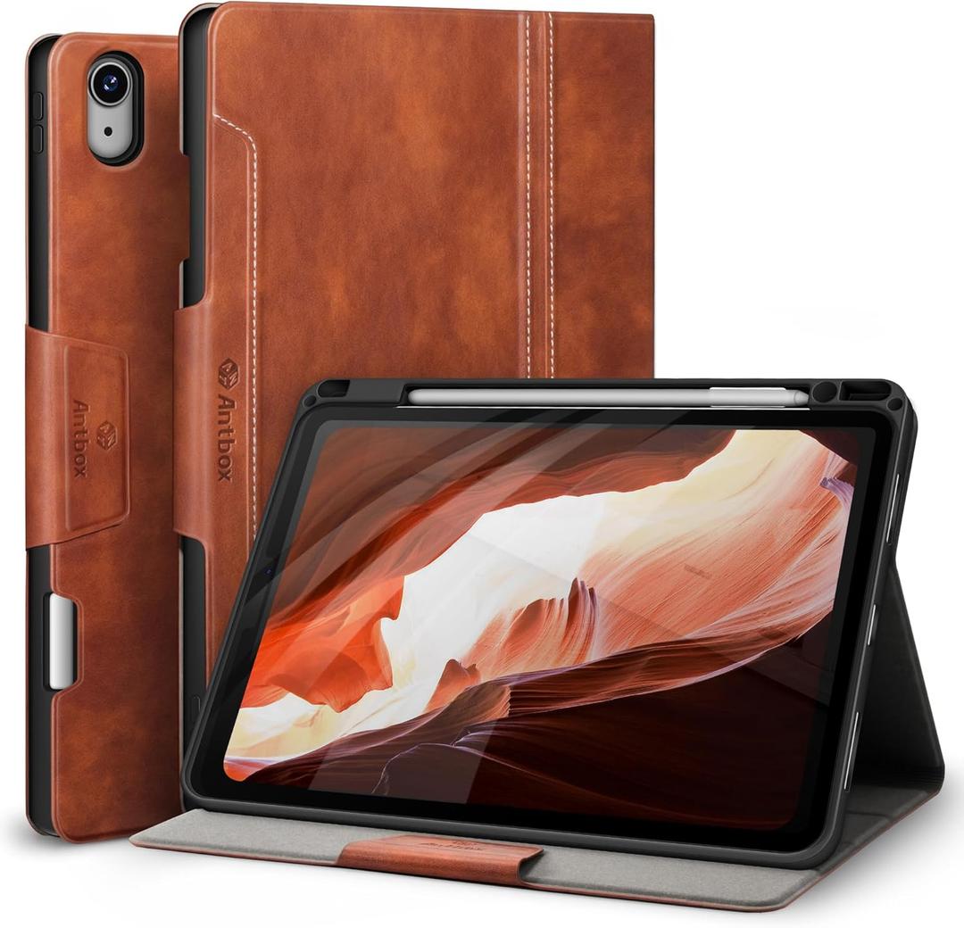 Antbox Case for iPad Air 11-inch M4/M3/M2 (2026/2025/2024), iPad Air 5th/4th Generation 10.9'' Vegan Leather with Pencil Holder Typing Angle Auto Sleep/Wake Muti-Stand (Brown)