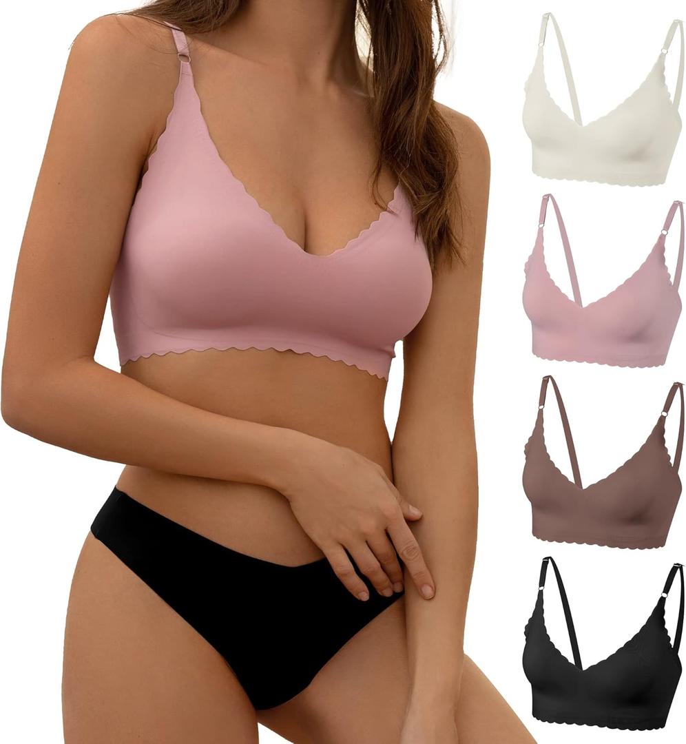 DEANGELMON V Neck Bra Padded Seamless Adjustable Straps Bralettes Everyday Basic Sleeping Bras Multiple Pack (Medium, Black,coffee,pink,white)