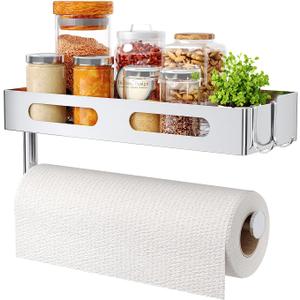 Paper Towel Holder Wall Mount for Bathroom, Paper Towel Holder with Shelf for Kitchen, RV Paper Towel Rack Stainless Steel, Silver