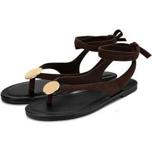 Carcuume Women's Suede Flat Sandals with Metallic Accents Adjustable Strappy Flip Flops for Beach Vacation Casual Outings Cushioned Dressy Slides,MOLAZY-00, 9