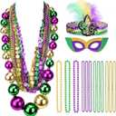 SelfTek Mardi Gras Jumbo Ball Beads Necklaces Set, with Mardi Gras Headband and Mask, Mardi Gras Beads Bulk, Carnivals Masquerade Costume Party Accessories for Women (15Pcs)
