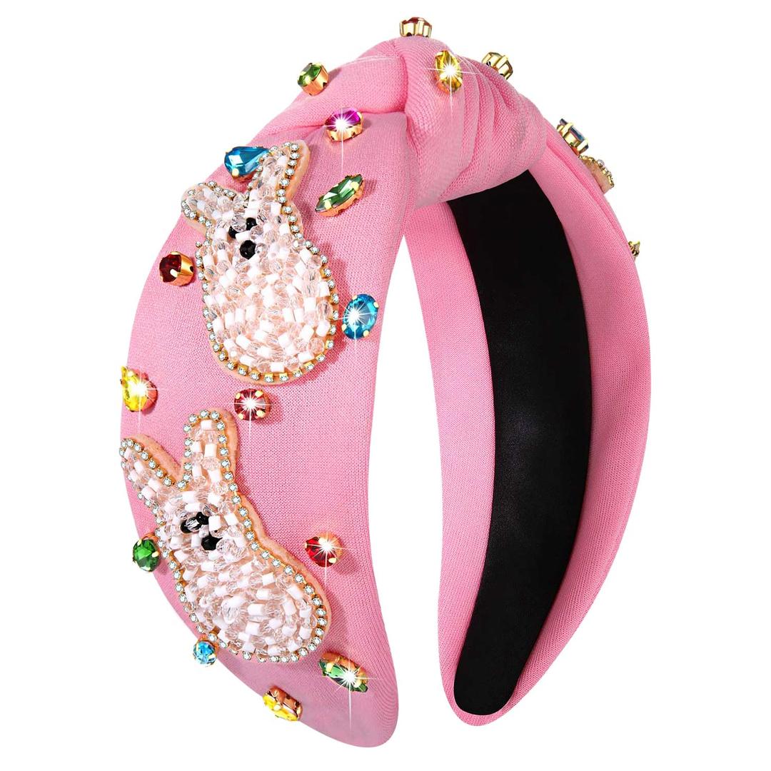 Easter Headbands for Women Beaded Carrot Rabbit Bunny Headbands Colorful Happy Easter Headband White Pink Rhinestone Jeweled Knotted Headband Spring Easter Hair Accessories Gifts (Bunny A)
