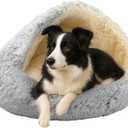 ShinHye Round Plush Fluffy Hooded Cat Bed Cave, Cozy for Indoor Cats or Small Dogs, Waterproof Bottom, Washable 30 in (grey)