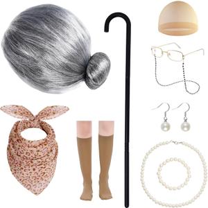 10Pcs Old Lady Costume 100 Days of School Wig Glasses Necklace Earrings Kerchief Stockings Cane for Halloween (Gray)