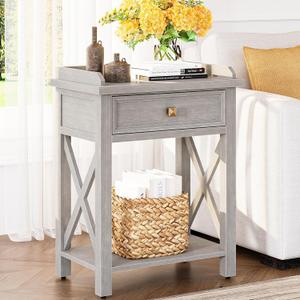 karlott Tall Nightstand with Charging Station, 22" Wood Nightstand with Drawer, Bedside Table with Storage and Shelf, Farmhouse End Accent Table for Bedroom, Living Room, Drawer Pre-Assembled, Grey