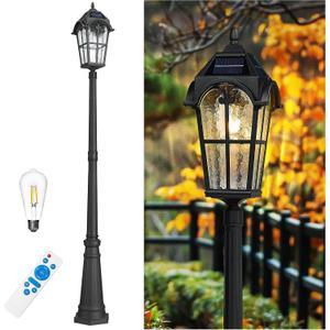 Emliviar 85.4" Black Solar Powered Street Light Fixture for Pathway with Remote Control, Dusk to Dawn Waterproof Pole Lamp with LED Bulb, Post Lighting with Water Grain Glass Shade, YXE302MPL-SL BK