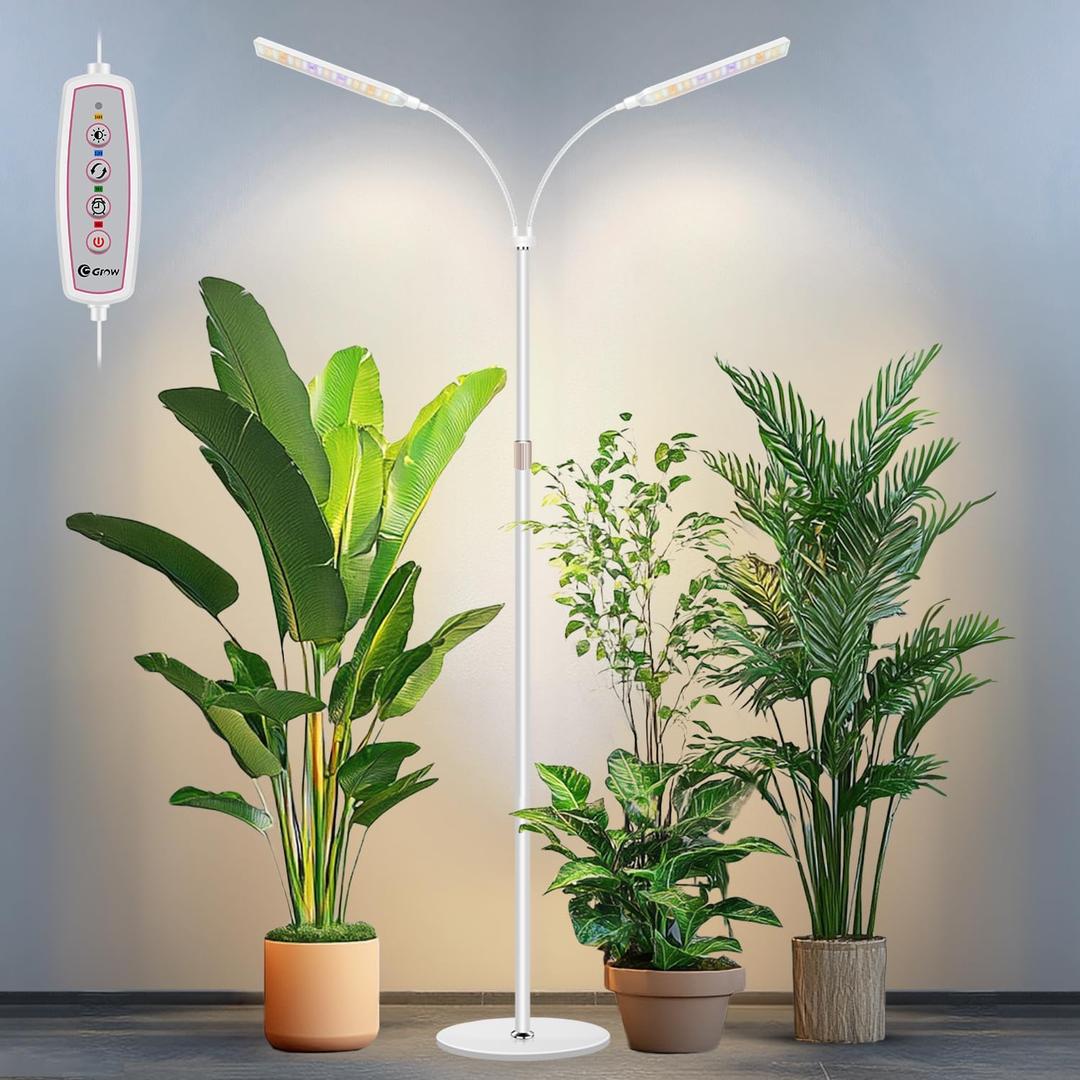 Grow Lights for Indoor Plants with Stand, 2-Heads Full Specturm Plant Grow Light with 4/8/12/16H Timer, 3 Color Modes, 360 Flexible Gooseneck, 24-68.7in Hight Adjustable Plant Growing Lamp