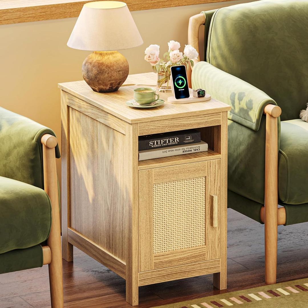 Huuger Narrow Night Stand, End Table with Charging Station, USB-C Port, Rattan Side Table with Cabinet and Open Shelf, Synthetic Rattan, for Small Spaces, Bedroom, Natural Wood