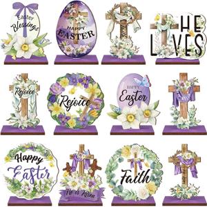 Marsui 12 Pcs Easter Wooden Table Decorations Centerpieces Religious He is Risen Cross Wood Sign Christian Vintage Easter Decor for Home