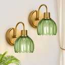 2-Pack Brushed Gold Bathroom Vanity Light, Single-Head Wall Sconce with Ribbed Green Tulip Glass Shade, Vintage Bathroom Light Fixtures for Bedroom, Hallway & Bedside (Bulbs Not Included)