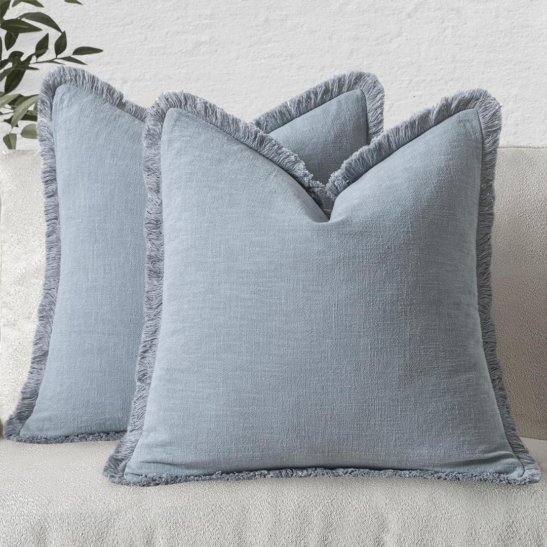 MIULEE Decorative Throw Pillow Covers Neutral Linen Fringe Throw Pillows Set of 2 Light Blue Boho Farmhouse Cushion Covers with Tassels for Couch Sofa Bed Living Room Spring Home Decor 20x20 Inch