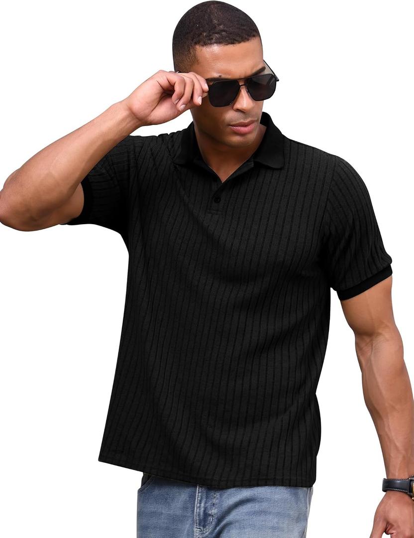 ABAFIP Men's Knit Short Sleeve Polo Shirt Ribbed Knitted Casual Summer Texture T Shirts V Neck Golf Tee (Black, XL)