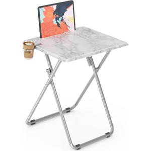 Folding TV Tray Tables, TV Dinner Trays for Eating, Portable Tv Trays with Cup Holder, Folding Tray Side Table, Foldable Snack Table for Bed, Sofa, (White Marble, 1PC)