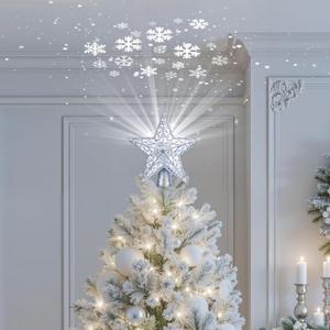 Brightown Christmas Star Tree Topper with Built-in 3D Glitter Led Snowflake Projector Lights, Silver Hollowed Pentagram Tree Toppers Christmas Decorations Indoor for Xmas New Year Party Holiday