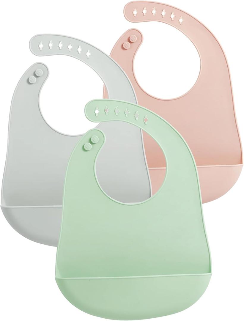 PandaEar 3 Pack Baby Bibs for Eating with Food Catcher, Waterproof Silicone Bibs for Babies Toddlers Boys Girls, Adjustable Baby Food Feeding Bibs, BPA Free