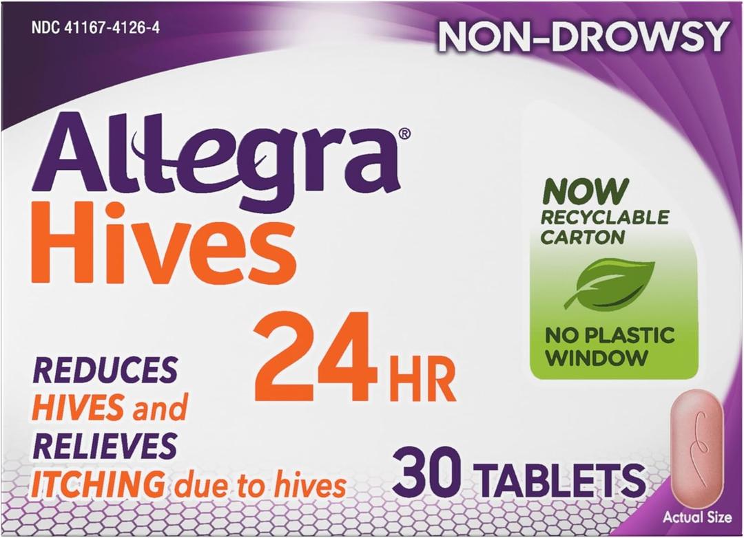 Allegra Hives Antihistamine 24-Hour Tablets, Non-Drowsy Hive Reduction and Hive Itch Relief, 180 mg Fexofenadine HCI, 30-Count, Best By: 3/2027