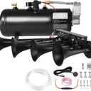 Super Loud Train Horns Kit,180dB Four Trumpet Truck Horns with 150 PSI Air Tank,12V Air horn with 0.8 gallon Air Compressor Can for Truck, Jeep,Pickup,SUV (Black truck parallel horn kit)
