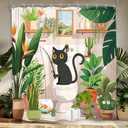 Funny Cat Shower Curtain 60Wx72H Kids Black Cat Cute Cartoon Animal Pet Kitten Tropical Plant Hilarious Fun Green Leaves Cactus Bathroom Decor Bath Curtain Fabric Polyester 12 Pack Hooks