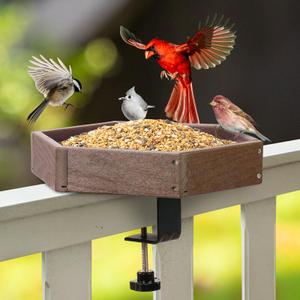 Kingsyard Clamp-On Deck Bird Feeder 11in Hexagon, Adjustable Balcony Railing Clamp 2.2in No-Drill, Recycled Plastic Seed Tray Metal Mesh Drainage Easy-Clean 3 lb,Blue