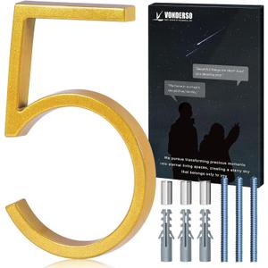 VONDERSO 6 Inch Floating House Numbers for Outside,Modern Metal Address Number 5,Durable Weather-Resistant Gold Powder Coated Finish,No Fading (Gold)