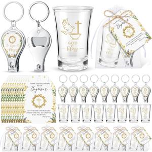 Bokon 12 Set Baptism Favors for Guests Bulk First Communion Favor God Bless Shot Glasses 3 in 1 Confirmation Favor Bottle Opener Nail Clipper Keychain Thank You Card Primera Comunion Recuerdos