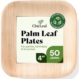 Chic Leaf 4-Inch Palm Leaf Plates, 50 Pack - Compostable Small Disposable Plates for Appetizers and Desserts - Heavy Duty Bamboo-Style Wood Dinnerware for Weddings, Parties, and Picnics