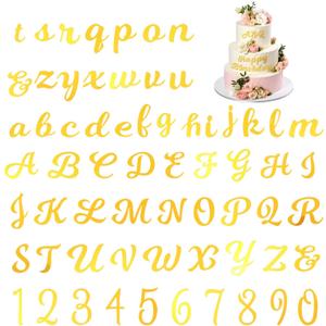 64 PCS Acrylic Cake Alphabet Numbers Topper Mirror Number 0-9 Alphabet A-Z Acrylic Letter Mirrored Gold Cake Topper DIY Cupcake Decoration for Anniversary Wedding Baby Shower Party Supply