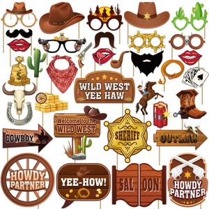 36Pcs Country Party Decorations Photo Booth Props, Western Photo Booth Props for Western Party Decorations, Wild West Cowboy for Cowboy Party