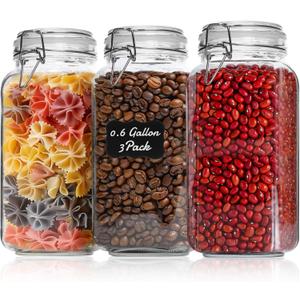 ComSaf 3-Pack 78oz Large Square Airtight Glass Jars for Bulk Food, Holds a 4lb Bag of Sugar or 5lb of Rice, Wide Mouth Canister for Flour, Coffee & Pantry Organization