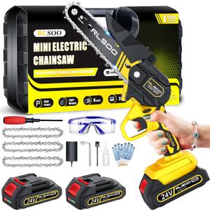 Mini Chainsaw 6 Inch Upgraded Portable Electric Chainsaw Cordless, Tree Trimming Wood Cutting, Courtyard and Garden (2 Batteries and 3 Chains Included)