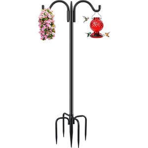 Gtongoko Bird Feeder Pole for Outdoors Heavy Duty, 63 Inch Double Shepherds Hook with 5-Prong Stable Base, 5/8 Inch Thick Hummingbird Feeder Stand for Hanging Plants, Lanterns, 1 Pack