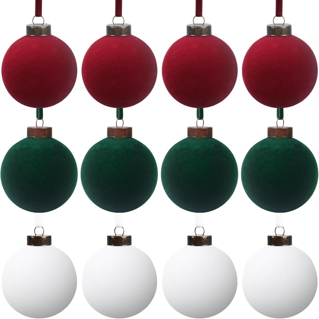 12 Pcs Velvet Christmas Balls Bulk Shatterproof Plastic Christmas Tree Decorations for Decorative Hanging Baubles (12, Wine redBlackish GreenWhite, 3.94Inch)