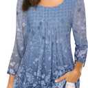 VALOLIA Women's 3/4 Sleeve Tunic Tops Casual Loose Fit Floral Blouses Mesh Pleated Layered Shirt (Medium, Blue|white)