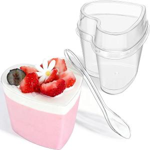 60 Pack Dessert Cups with Lids and Spoons, 5 oz Heart-Shaped Clear Plastic Appetizer Parfait Cups for Mother's Day Gift, Wedding, Bridal Shower
