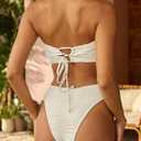 ZAFUL Women Strapless Textured Bandeau Bikini 2 Piece Swimwear Cheeky Solid Lace up Bathing Suits(1-Beige,S)