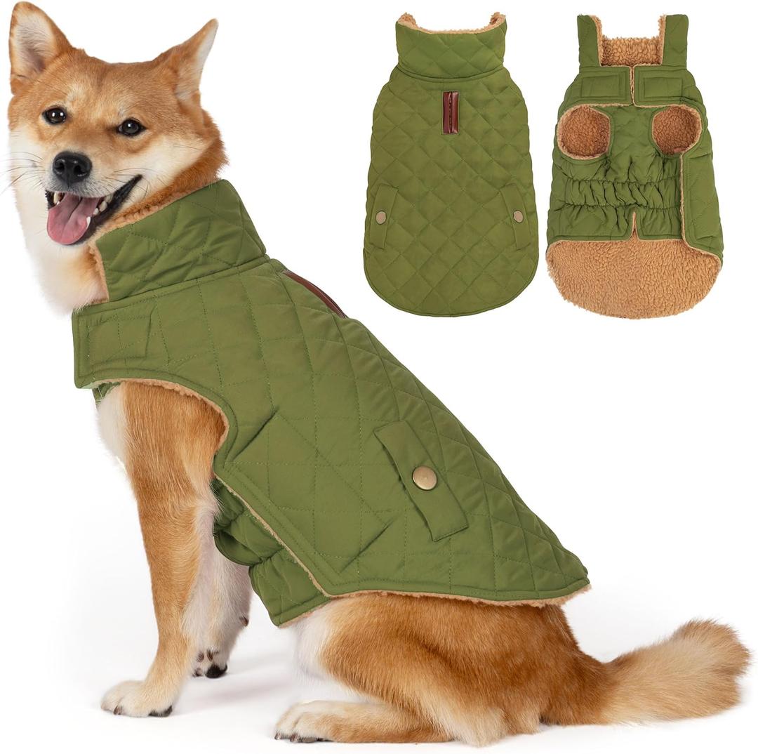 Dog Coat, Warm Soft Dog Winter Coats for Small Dogs, Waterproof Windproof Dogs Adjustable Jacket with Fleece Lined Turtleneck Doggy Snowsuit with Leash Hole, Green Large